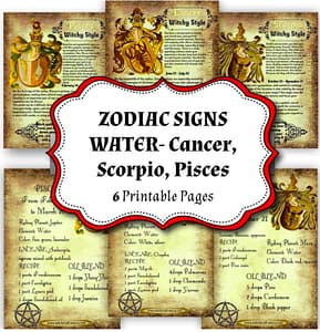 Pisces, Cancer, Scorpio Zodiac Signs - Water Elements, Astrology Correspondences, 6 Printable PDF Pages, Full Moon and Sun Grimoire Magic